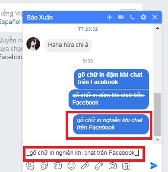 meo go chu in dam in nghieng gach ngang khi chat tren facebook