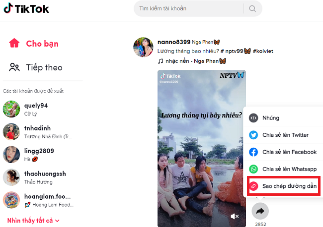  sao chep link video tiktok nhanh